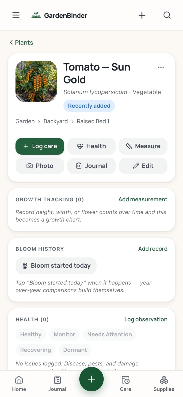 The saved plant page on a phone: Tomato — Sun Gold, Solanum lycopersicum, recently added, filed to Backyard › Raised Bed 1, with its photo and buttons to log care, health, measurements, photos and journal entries