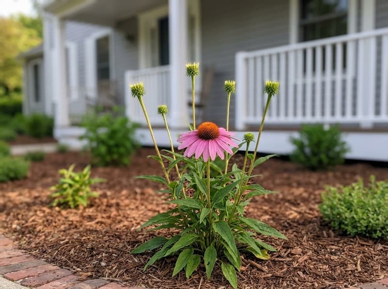 A single rosy-purple coneflower freshly open on a young plant, a few tight green buds behind it, the porch railing out of focus
