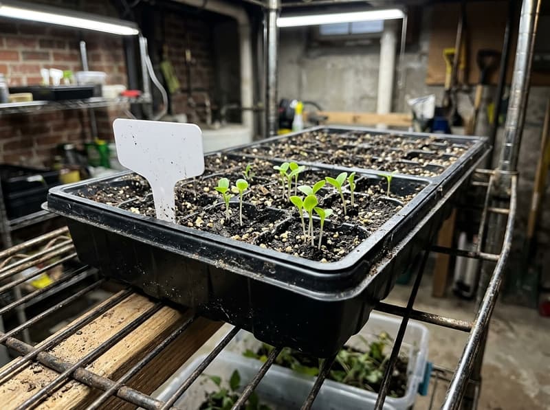 Tiny coneflower seedlings, each a pair of oval seed leaves on a thin stem, coming up in a seed tray under lights
