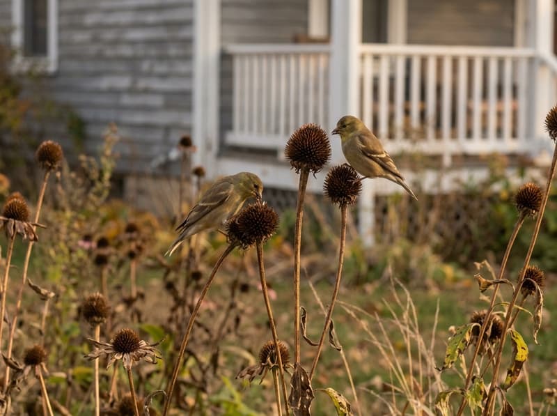 Two goldfinches in olive autumn plumage perched on dark dried coneflower seed heads, the porch railing soft behind them