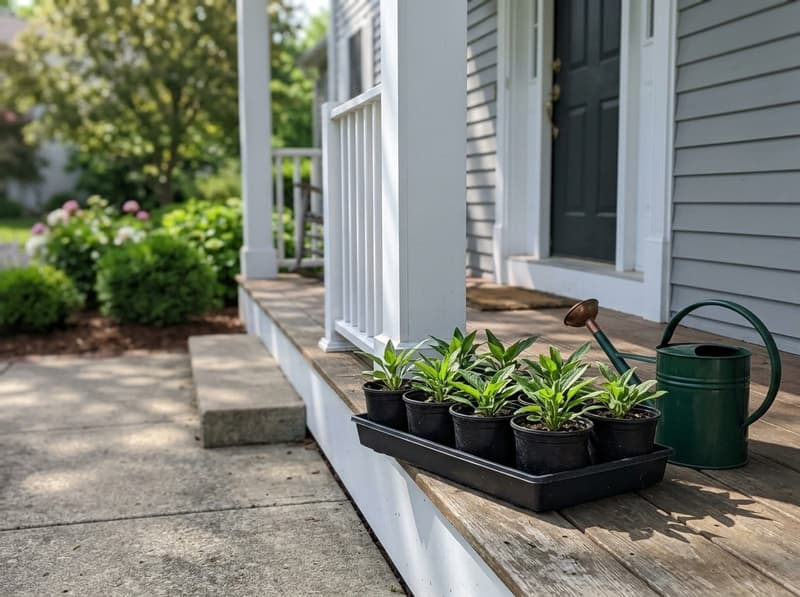 A tray of small potted coneflower seedlings set out on the edge of a wooden front porch beside a green watering can