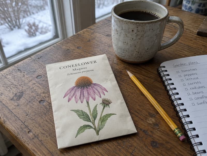 A cream paper seed packet printed Coneflower, Magnus, Echinacea purpurea, on a wooden kitchen table beside a mug of coffee, a pencil, and a notebook of garden plans, snow outside the window