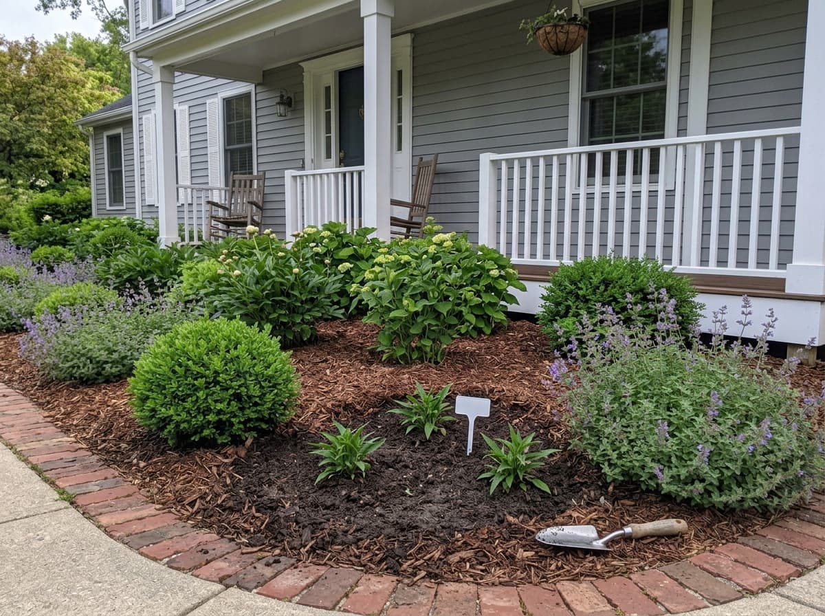 Three tiny coneflower seedlings just planted in a triangle in the mulch of a front foundation bed, a white plant label and a trowel beside them, the porch behind