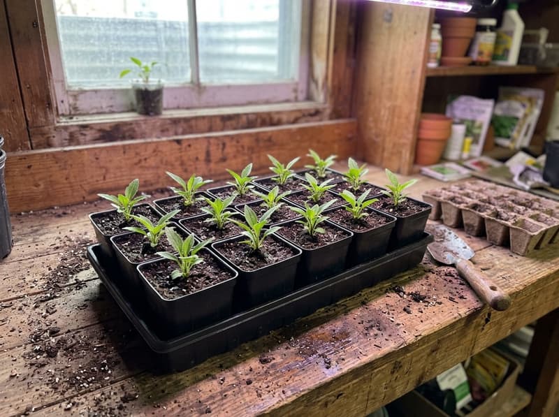 Twelve young coneflower seedlings in three-inch black pots on a potting bench by a window, loose soil and a trowel beside them