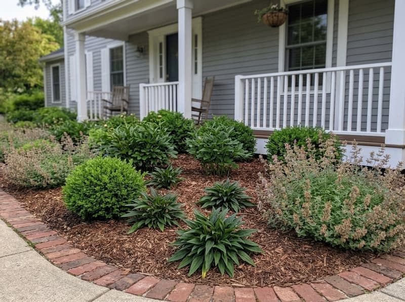 The same spot in late August: three low rosettes of rough green coneflower leaves, no flowers, mulch between them