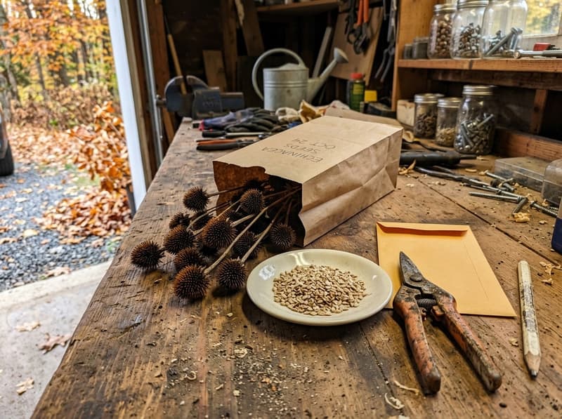 A paper bag of dry spiky coneflower seed heads on a garage workbench beside a saucer of loose seed, an envelope, and a pair of snips