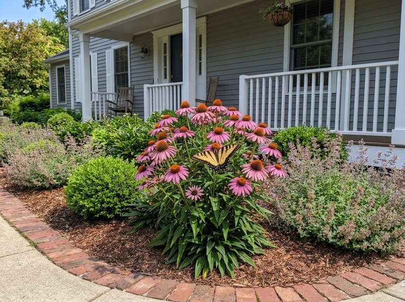 The same spot two summers on: a young coneflower clump about two and a half feet tall with a couple of dozen rosy-purple flowers and a yellow swallowtail butterfly feeding on one