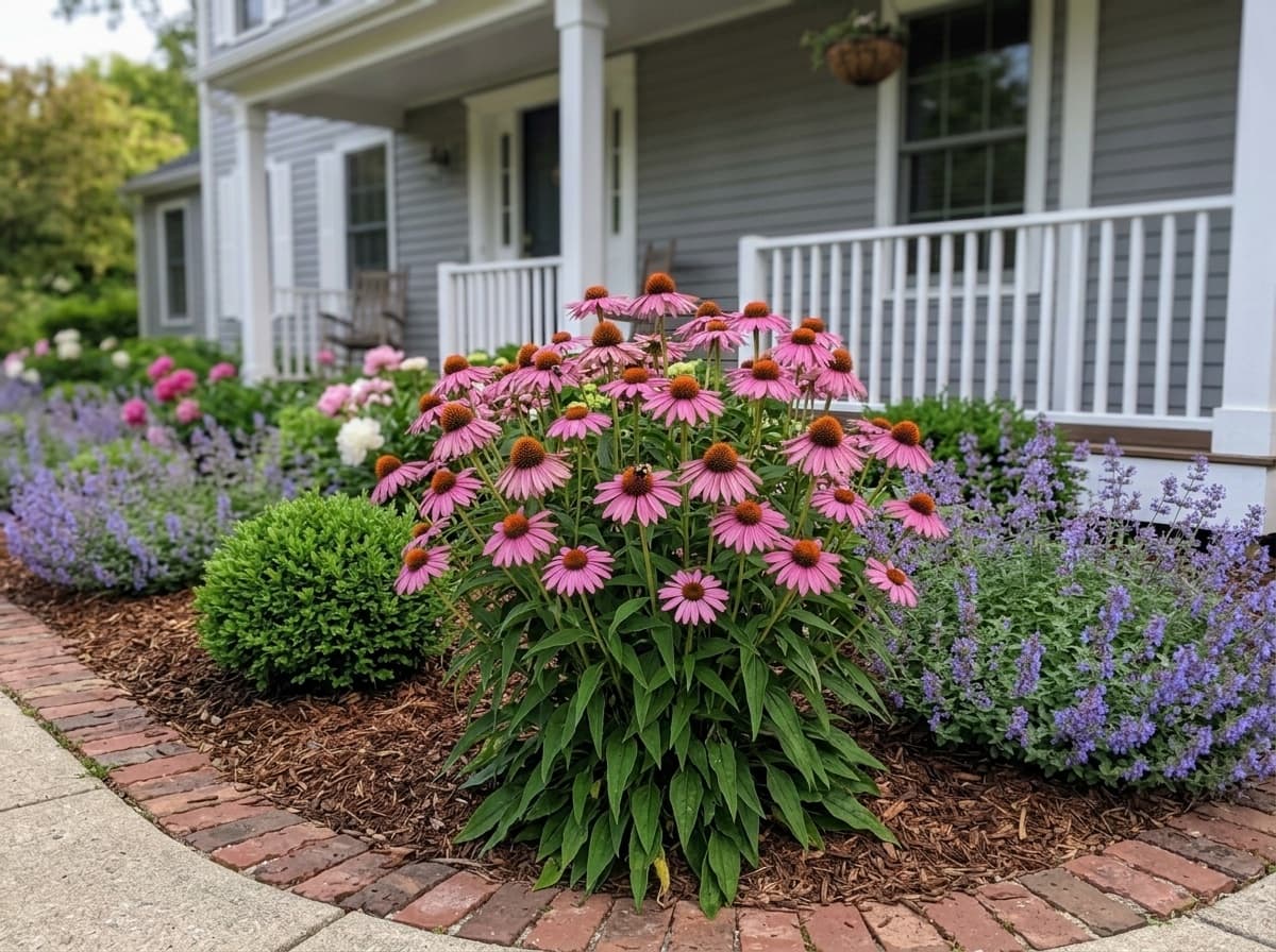 The same spot in its fifth summer: a full coneflower clump about three feet tall and wide, covered in rosy-purple flowers with orange cones, boxwood and catmint on either side, the porch behind