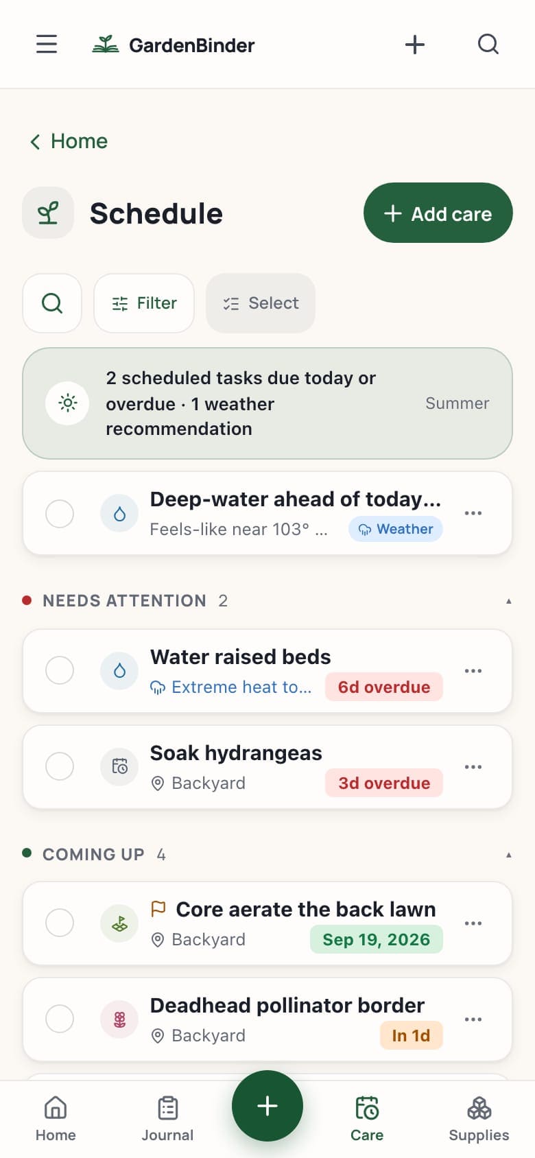 The care schedule on a phone: a weather recommendation to deep-water ahead of today's heat, two tasks needing attention — Water raised beds, six days overdue, and Soak hydrangeas — and what's coming up