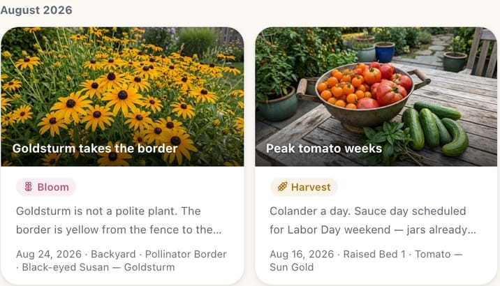 Two journal cards from August 2026: 'Goldsturm takes the border', tagged Bloom — the border is yellow from the fence to the path — filed to the Pollinator Border, Black-eyed Susan; and 'Peak tomato weeks', tagged Harvest — a colander a day, sauce day scheduled for Labor Day weekend — filed to Raised Bed 1, Tomato — Sun Gold